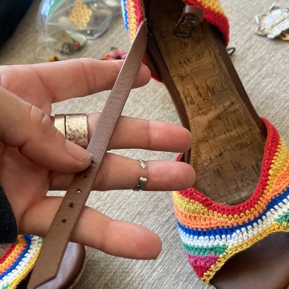 MIA Rainbow Crochet Wedge Sandals Platform Cork Heel Ankle Strap Pride B… - Picture 3 of 10